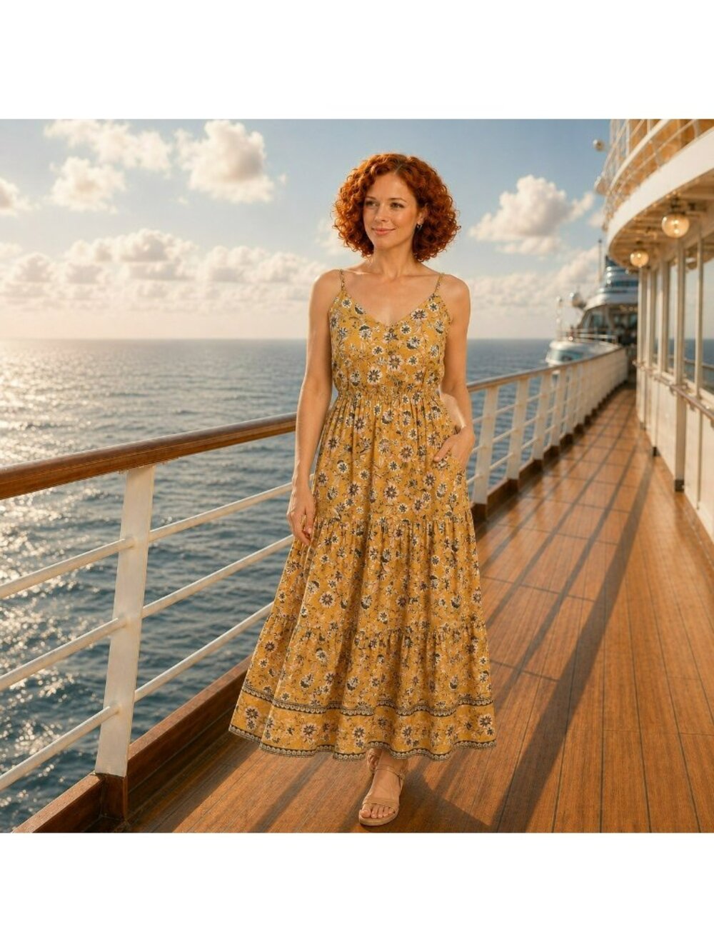 Evereve Yellow Floral Button-Front Maxi Dress With Spaghetti Straps Smocked Wais